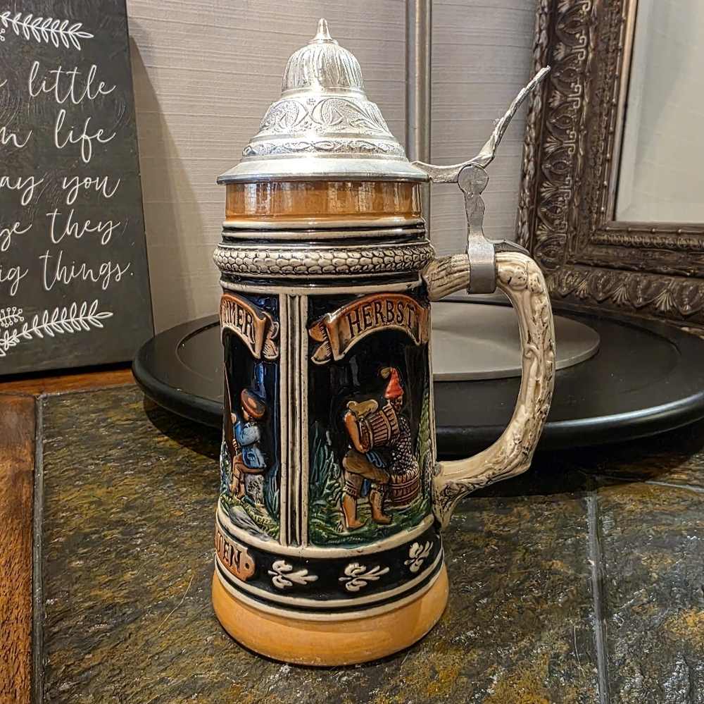 Vintage Western German Ceramic Beer Stein w/ Hinged Pewter Lid. ("Four Seasons")